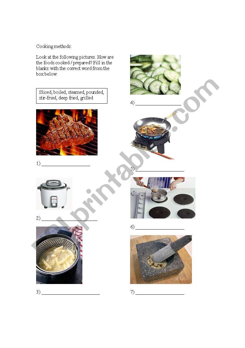 Cooking methods worksheet