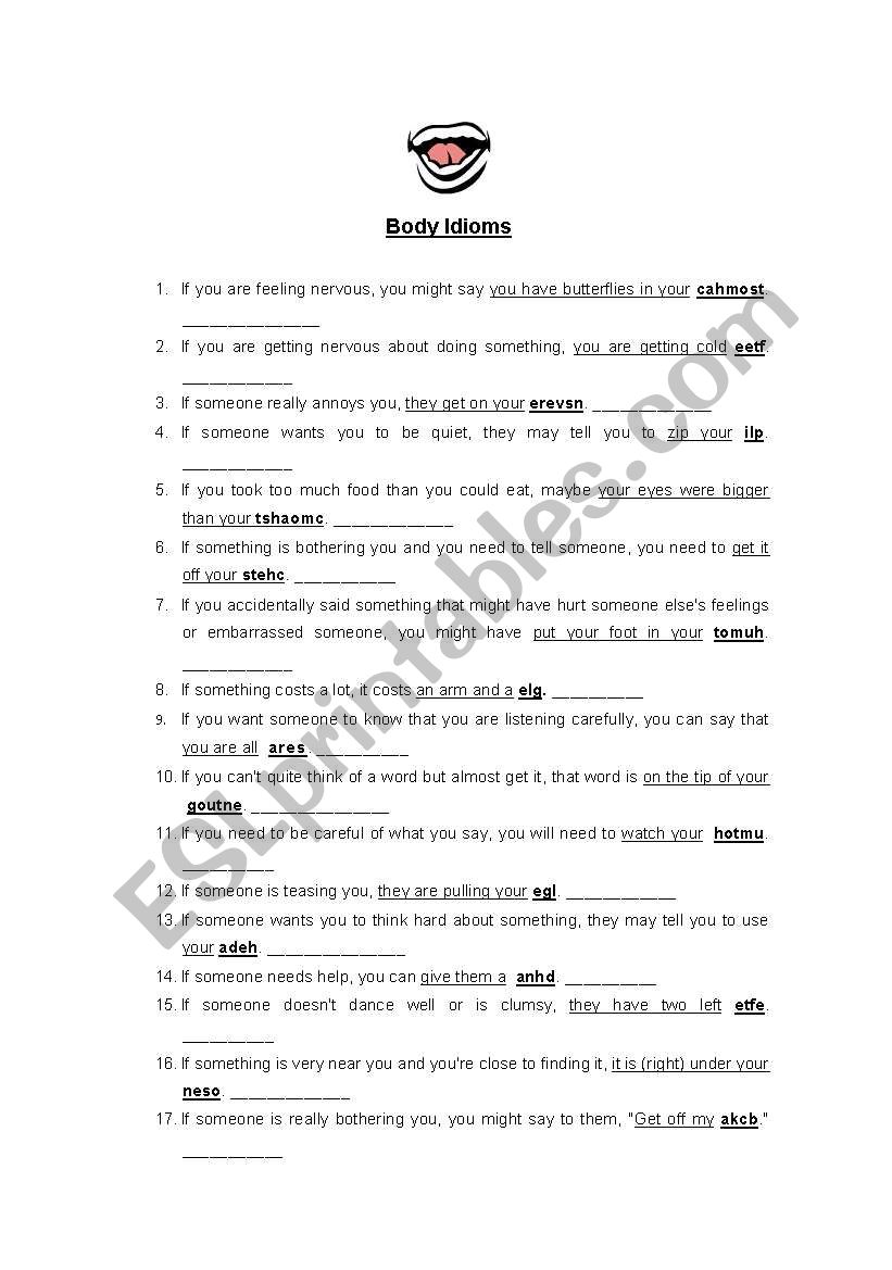 Body Idioms worksheet