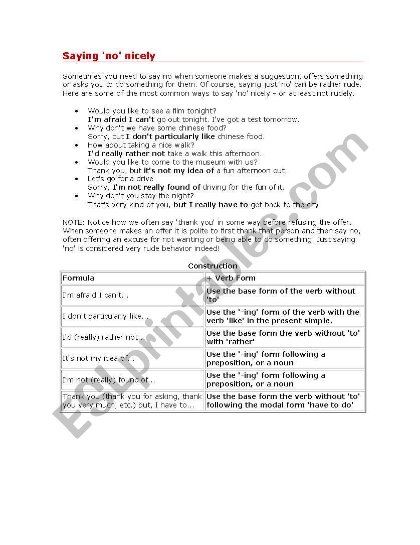 How to say no nicely! worksheet