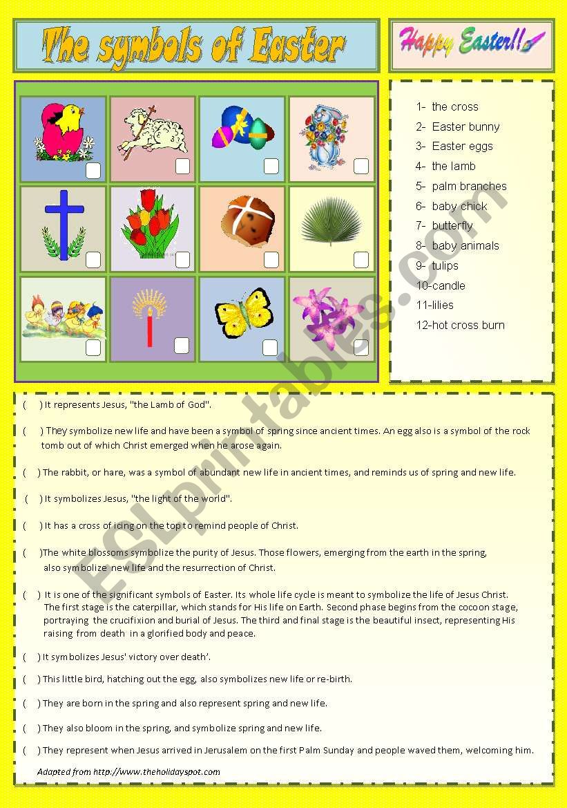 The symbols of Easter + key worksheet