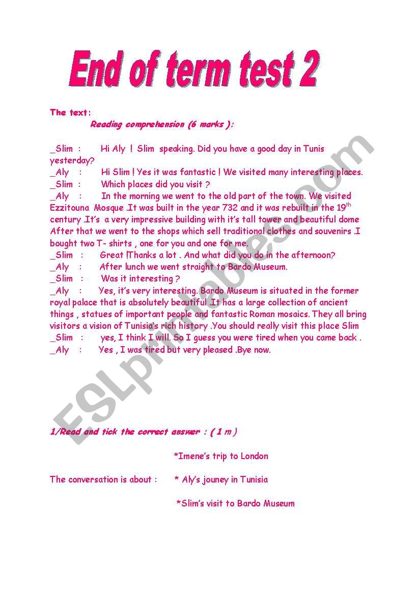 8th form end o term test 2 worksheet