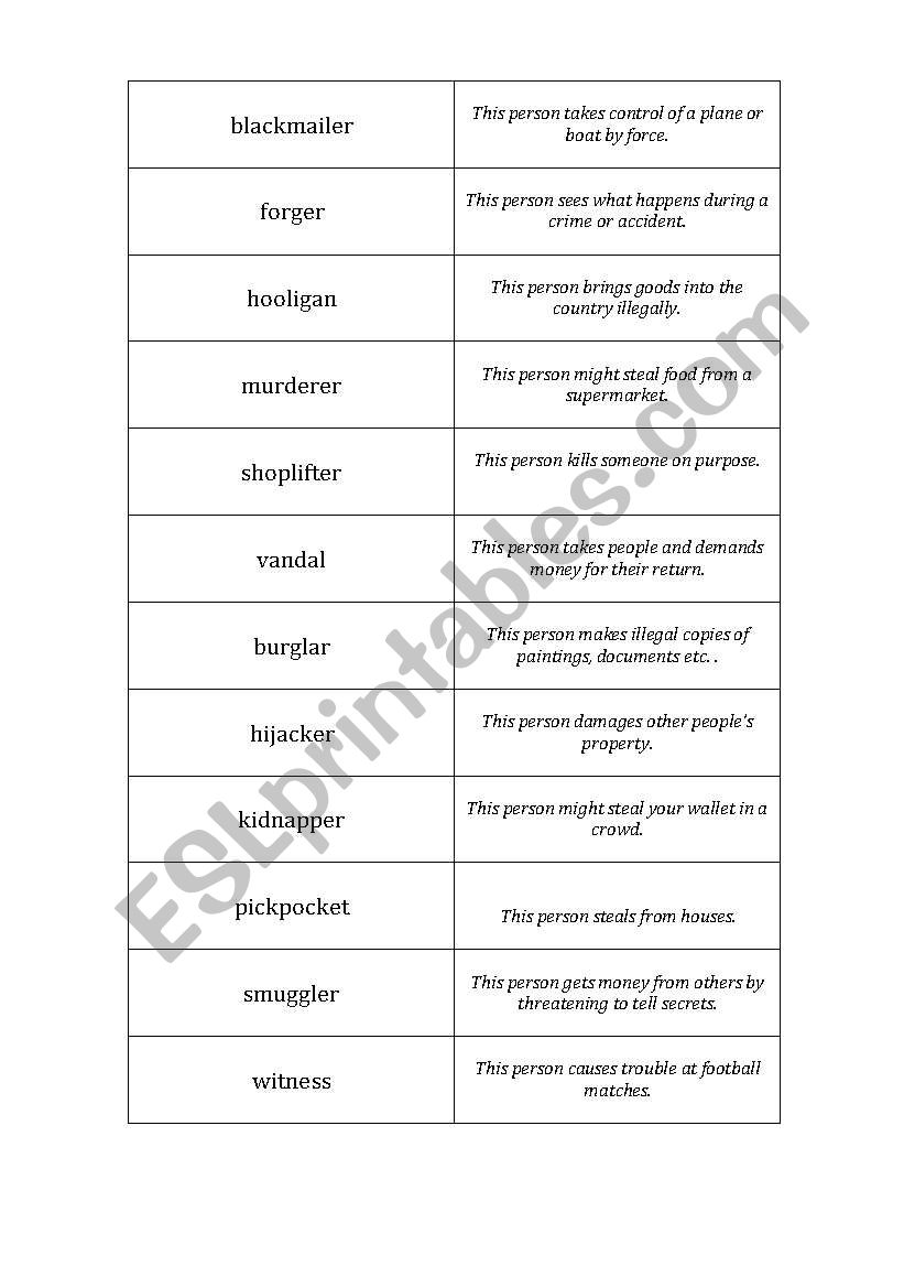 Crime Match worksheet