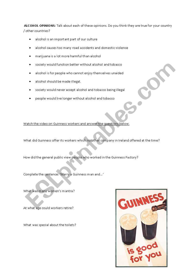 Guinness and alcohol worksheet
