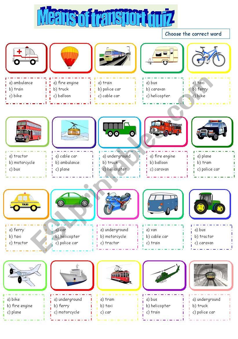 Means of transport quiz worksheet