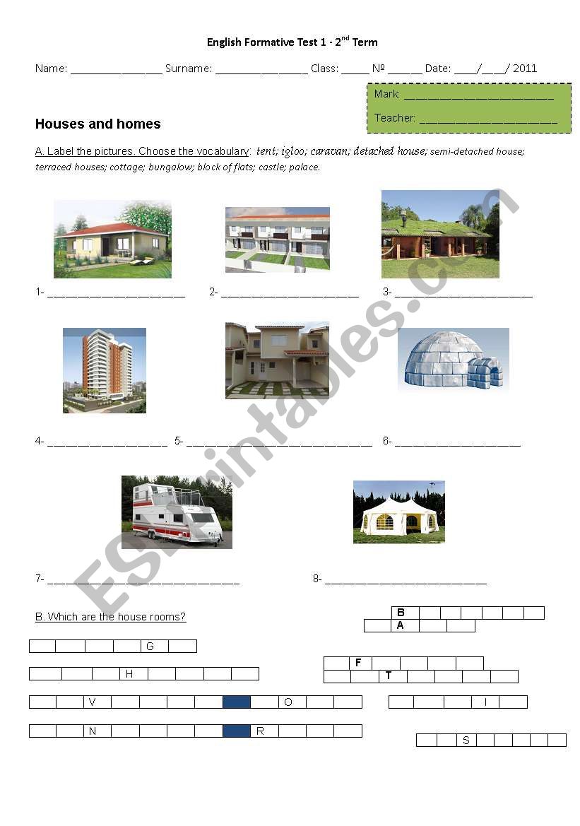 Types fo house and furniture worksheet