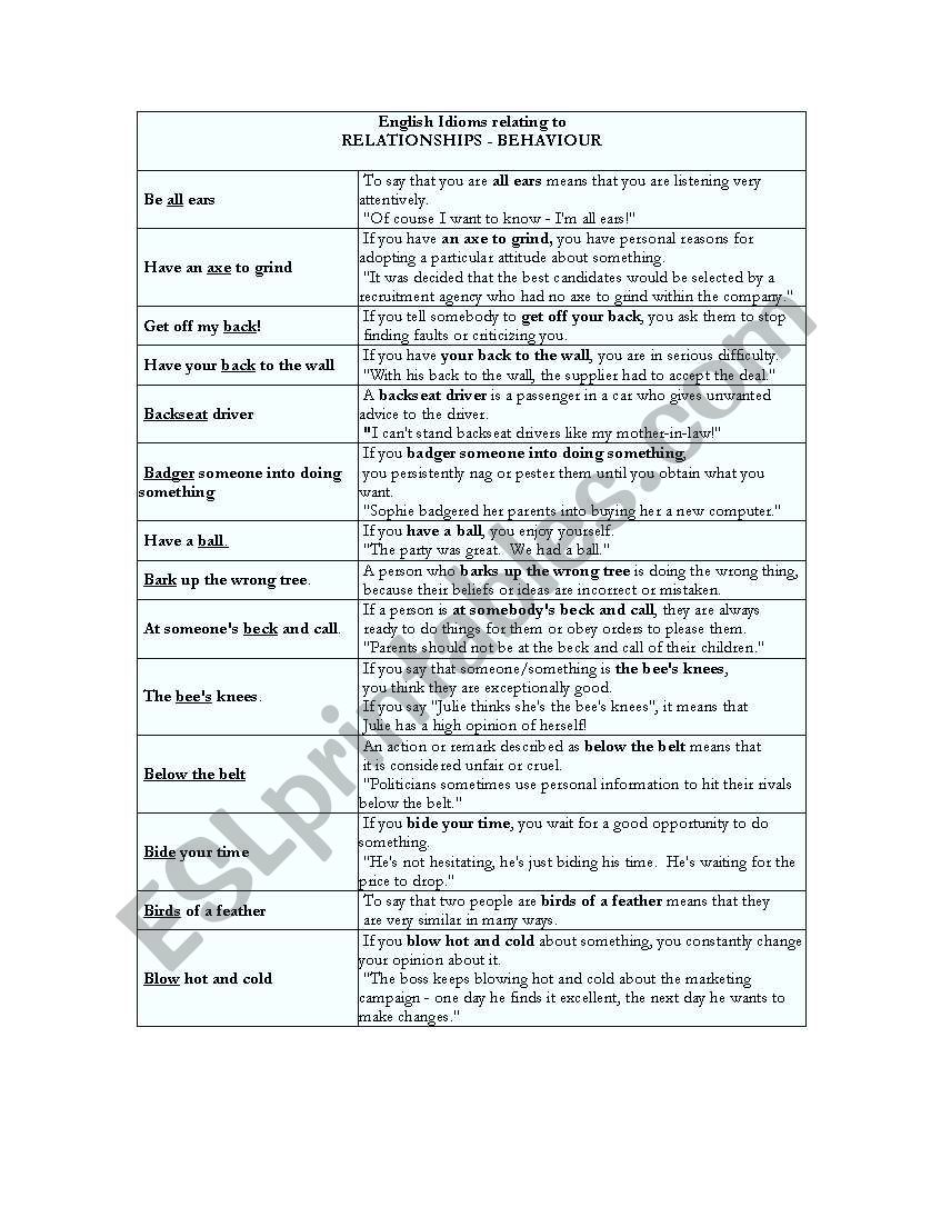 english idioms worksheet