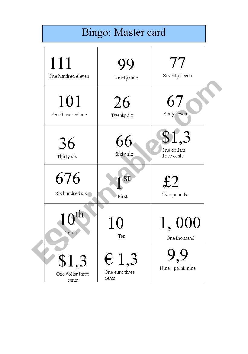 Bingo: numbers worksheet
