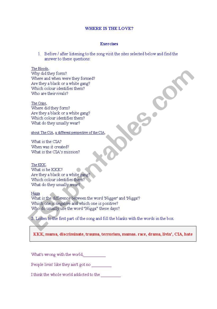 Whres the love - song worksheet
