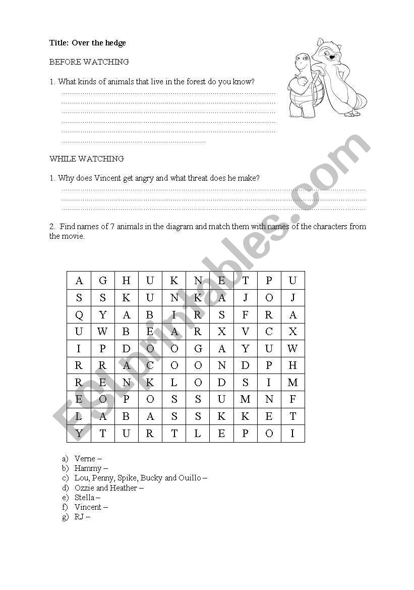 OVER THE HEDGE - PROJECT FILM worksheet