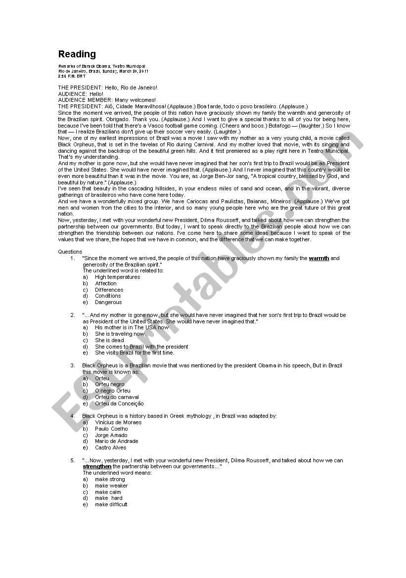 Obama speech in Brazil worksheet
