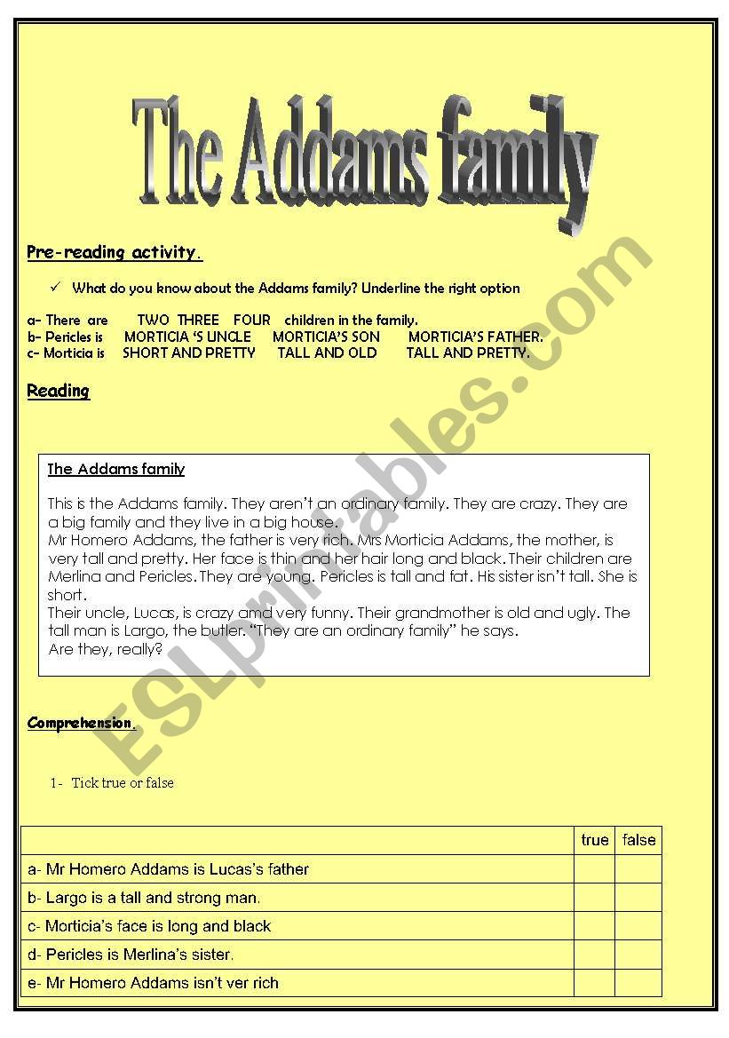 THE ADDAMS FAMILY worksheet