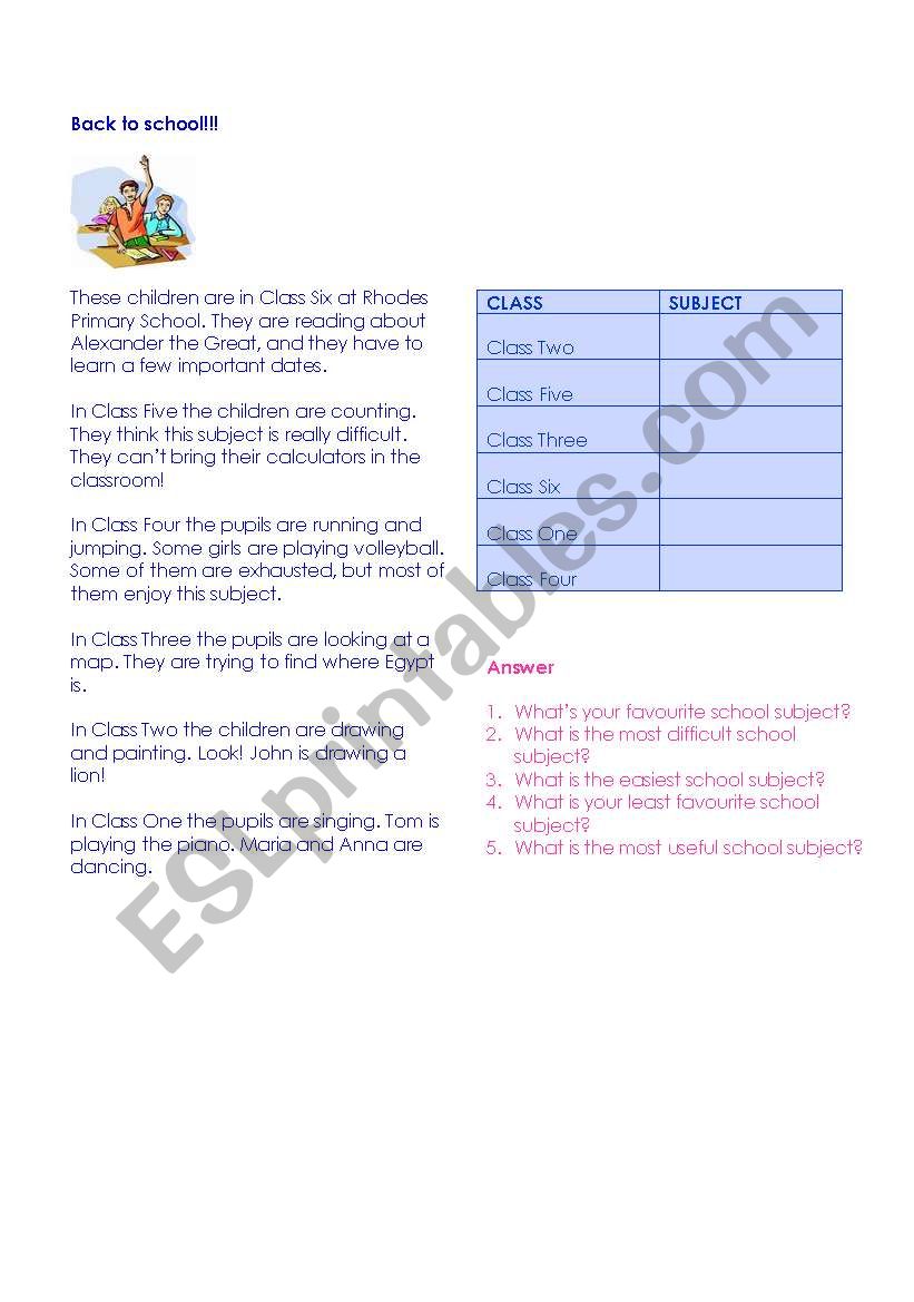 School Subjects worksheet