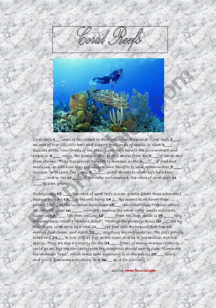 CLOZE.. coral reefs worksheet