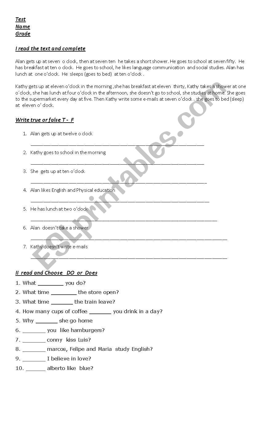 daily routines tests worksheet