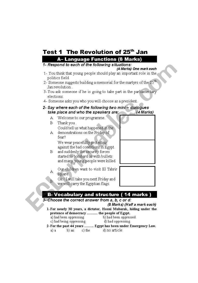 Test On the Egyptian Revolution 2011 part 1