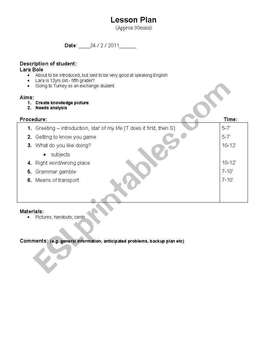 Introductory lesson worksheet