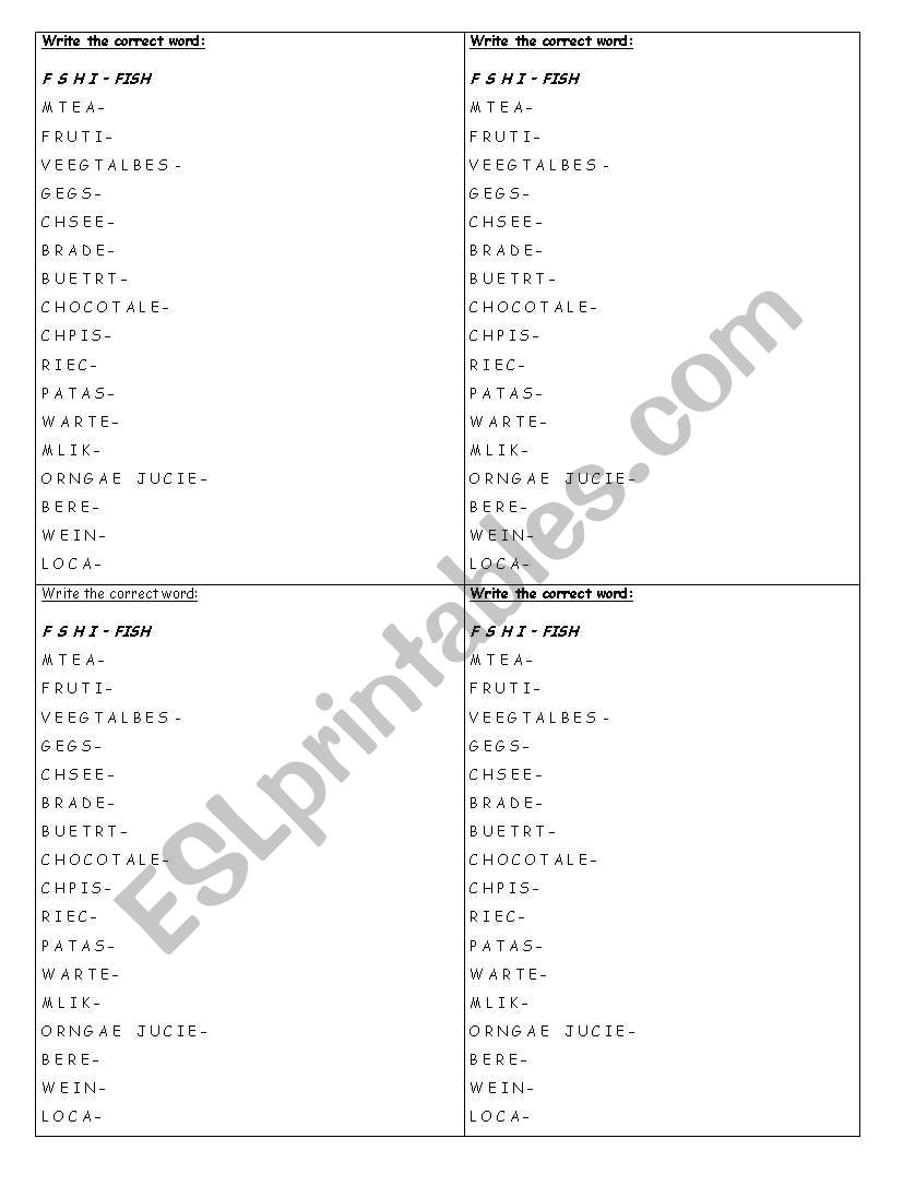 jumbled letters - food worksheet