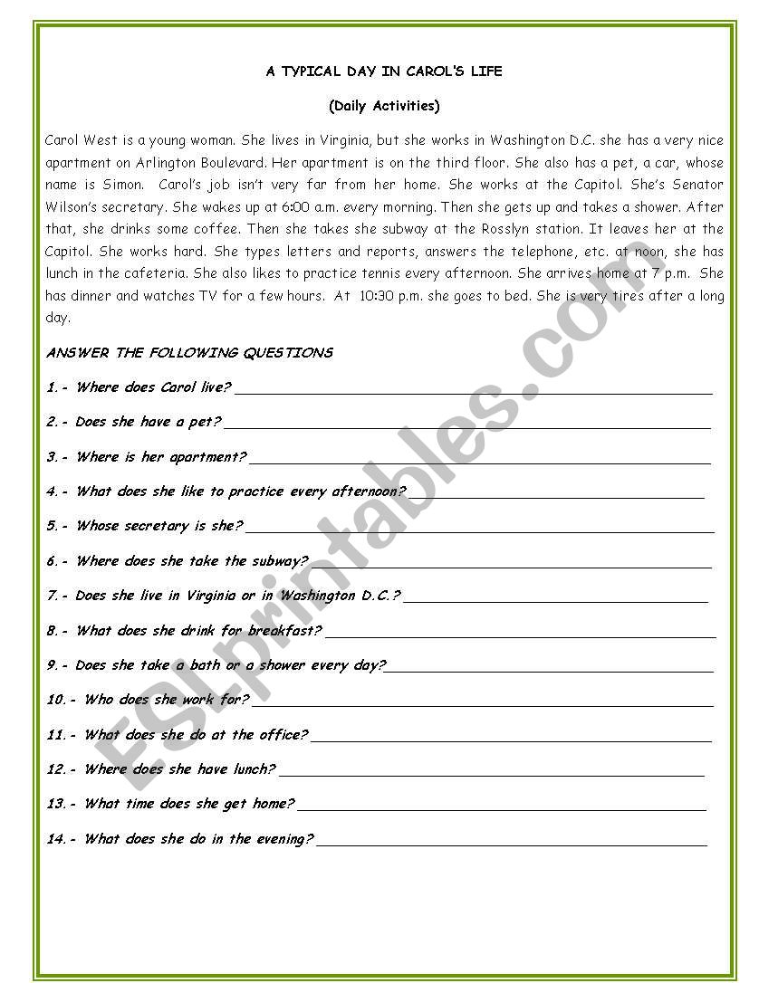 DAILY ACTIVITIES READING worksheet