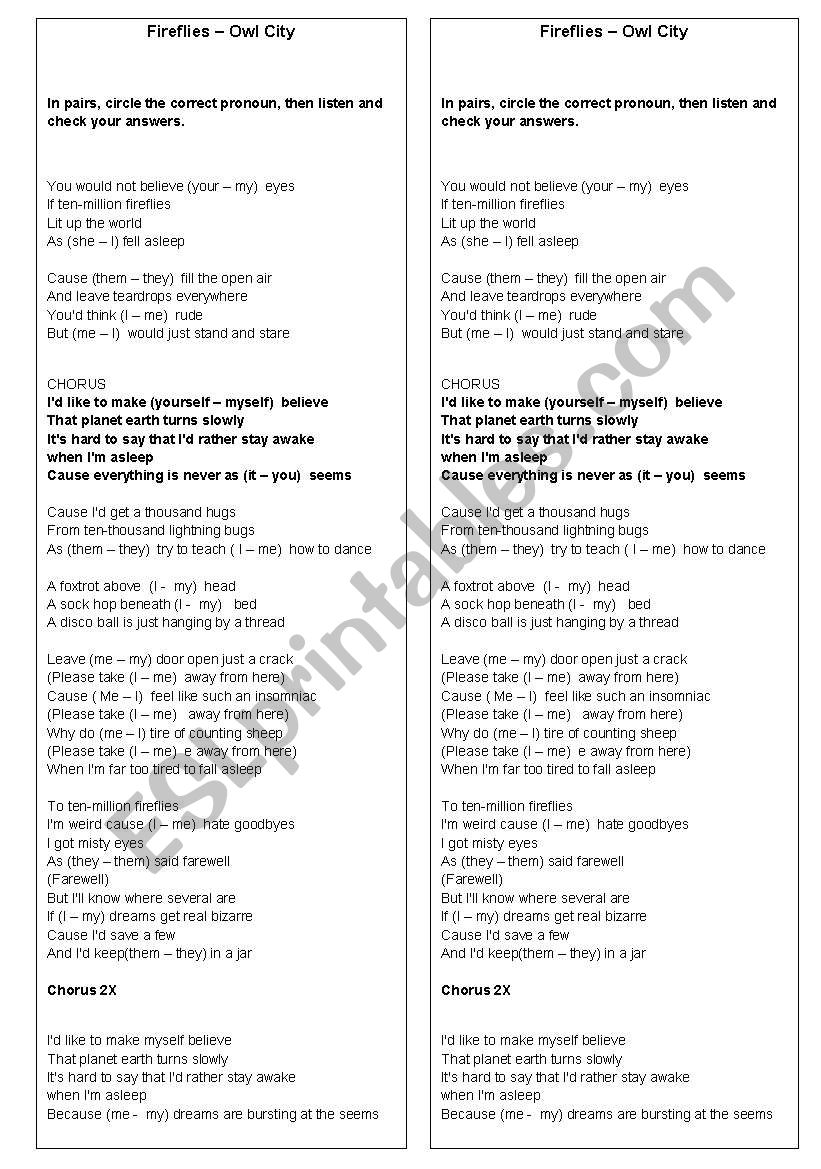 Fireflies - Owl City worksheet