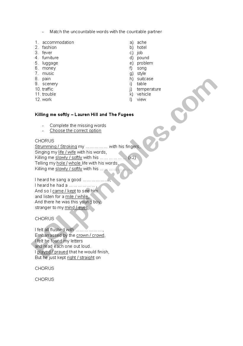 Killing me softly worksheet