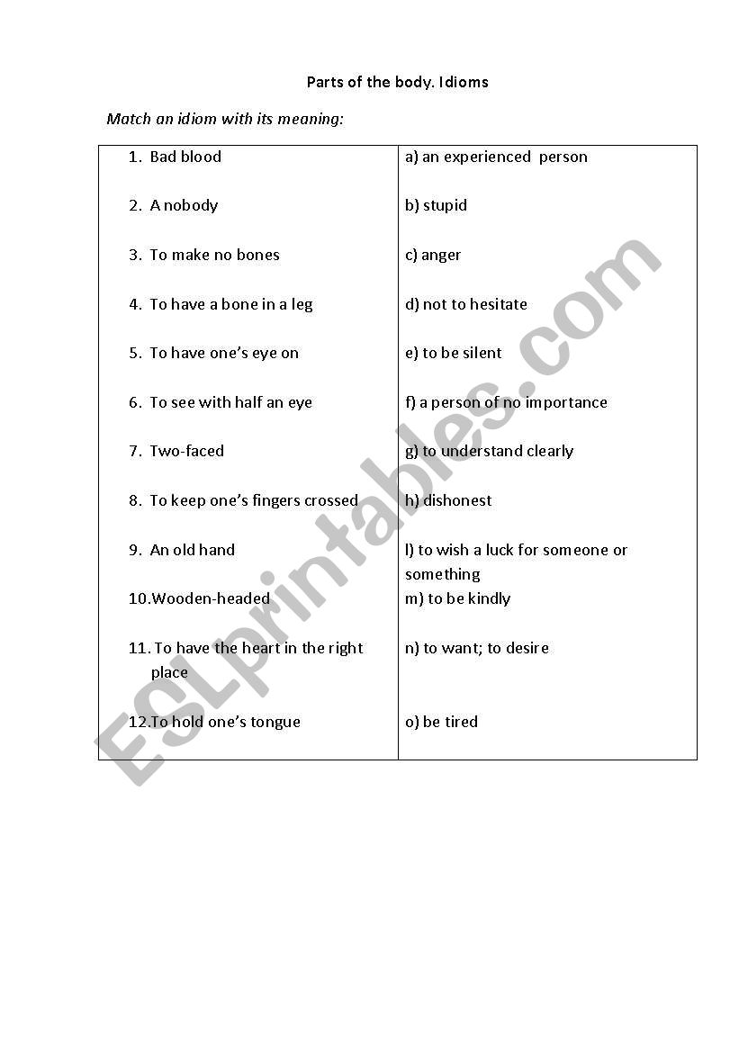 Body parts. Idioms worksheet