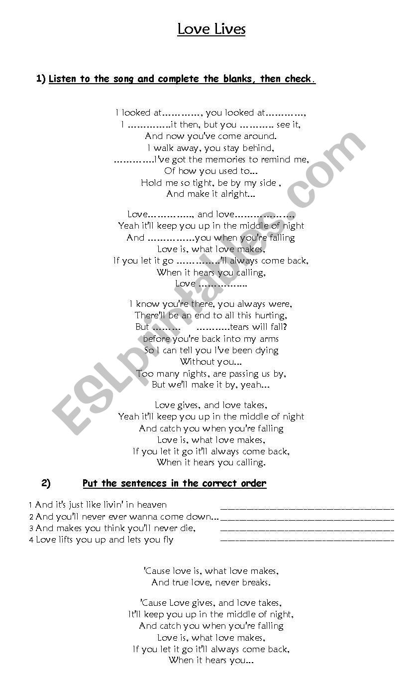 Song: Love Lives worksheet