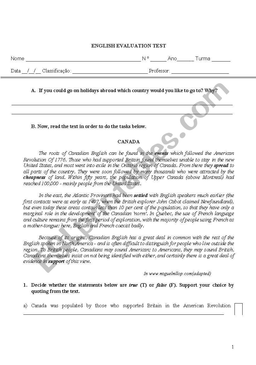 Test Canada worksheet