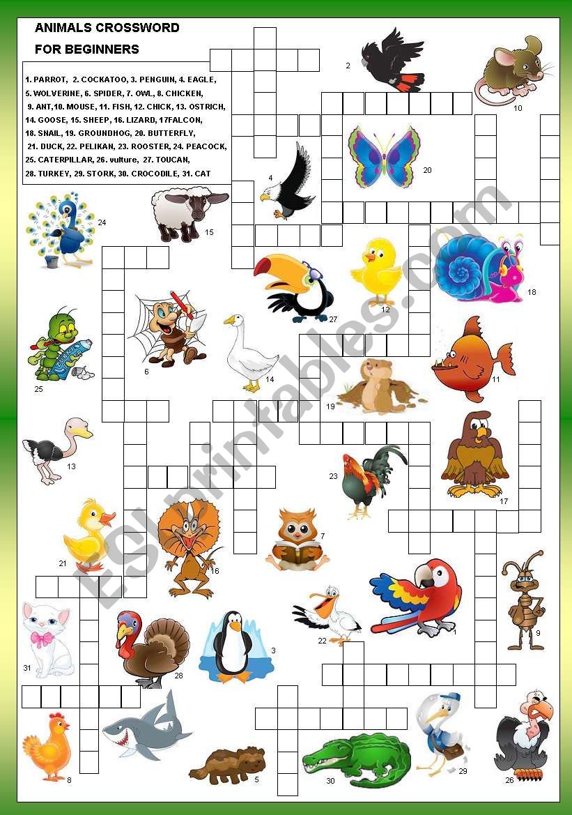 ANIMALS CROSSWORD - FOR BEGINNERS + B&W