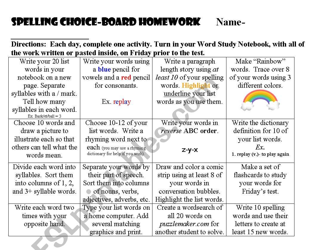 Spelling Choice Board worksheet