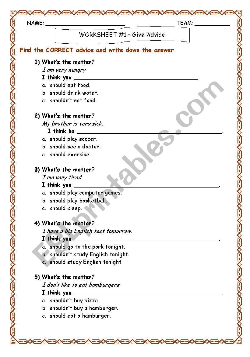 Give advice worksheet