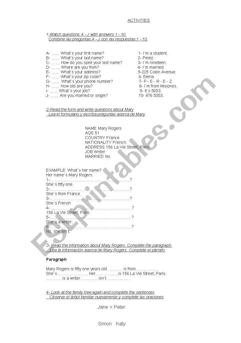 personal information worksheet