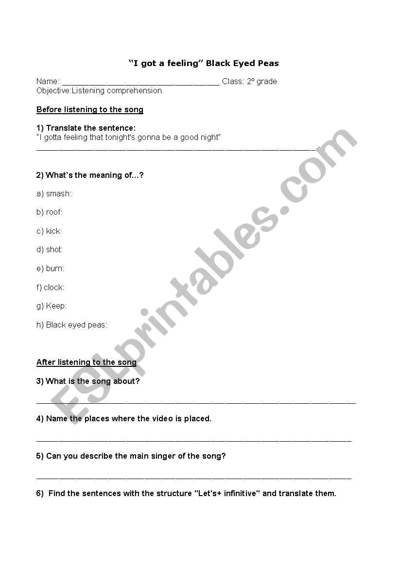 I got a feeling song worksheet