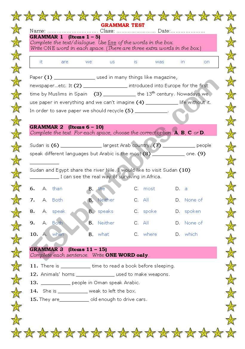 Grammar Test (general rules) worksheet