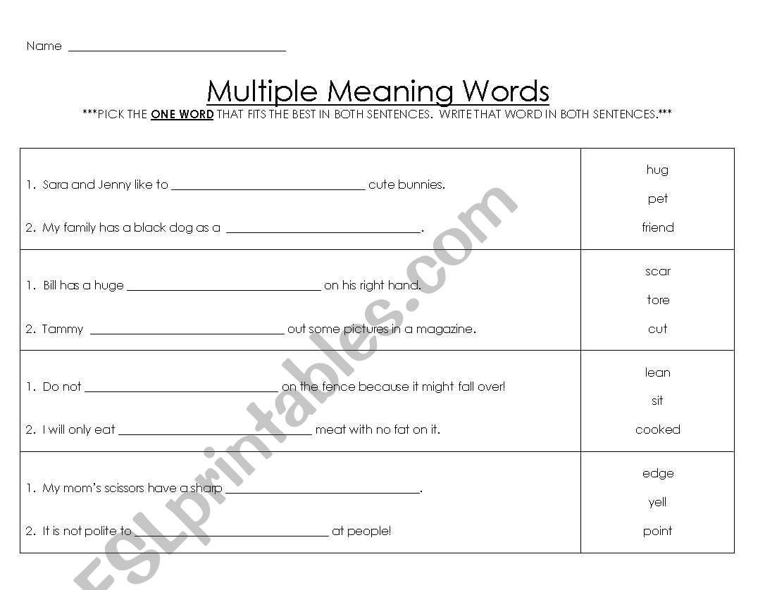 Multiple Meaning Words worksheet