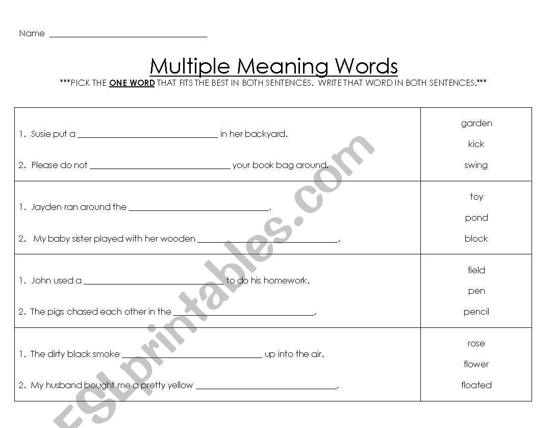 Multiple Meaning Words 2 worksheet