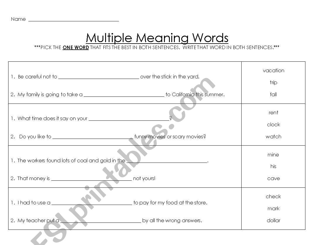 Multiple Meaning Words 3 worksheet