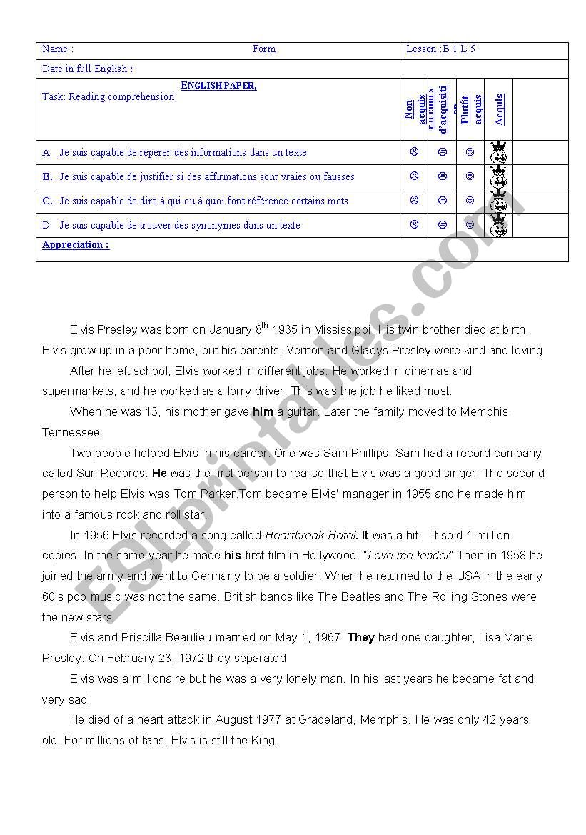 Elvis Presleys biography worksheet