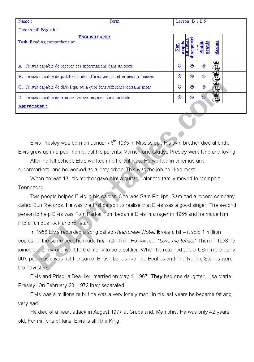 Elvis PresleyÂ´s biography worksheet