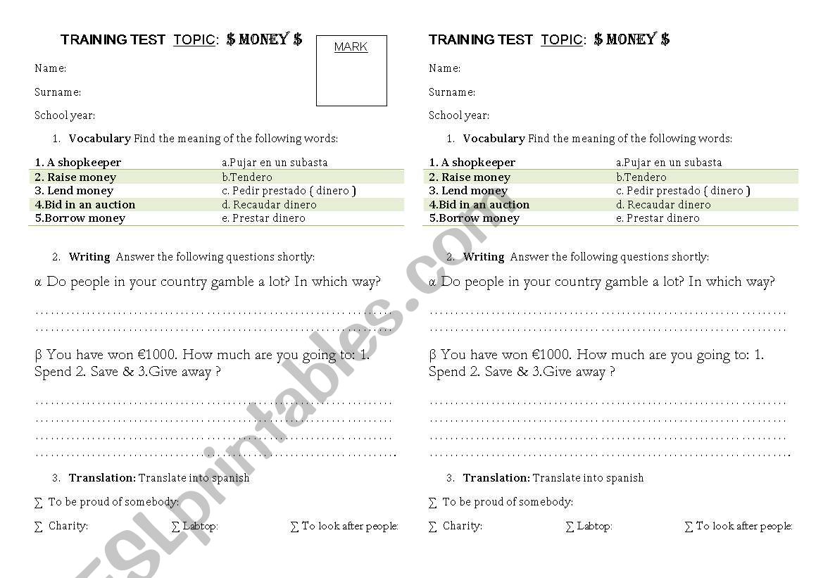 Vocabulary test. Topic: Money worksheet