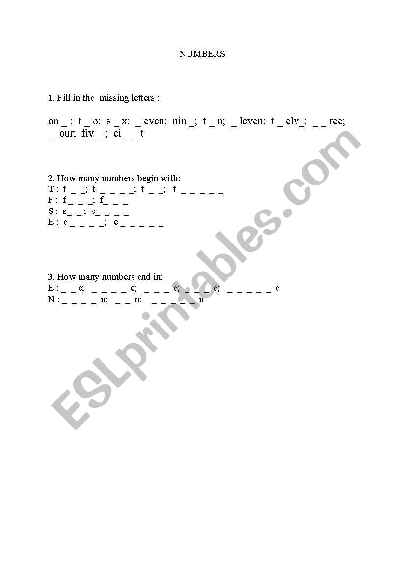 NUMBERS worksheet