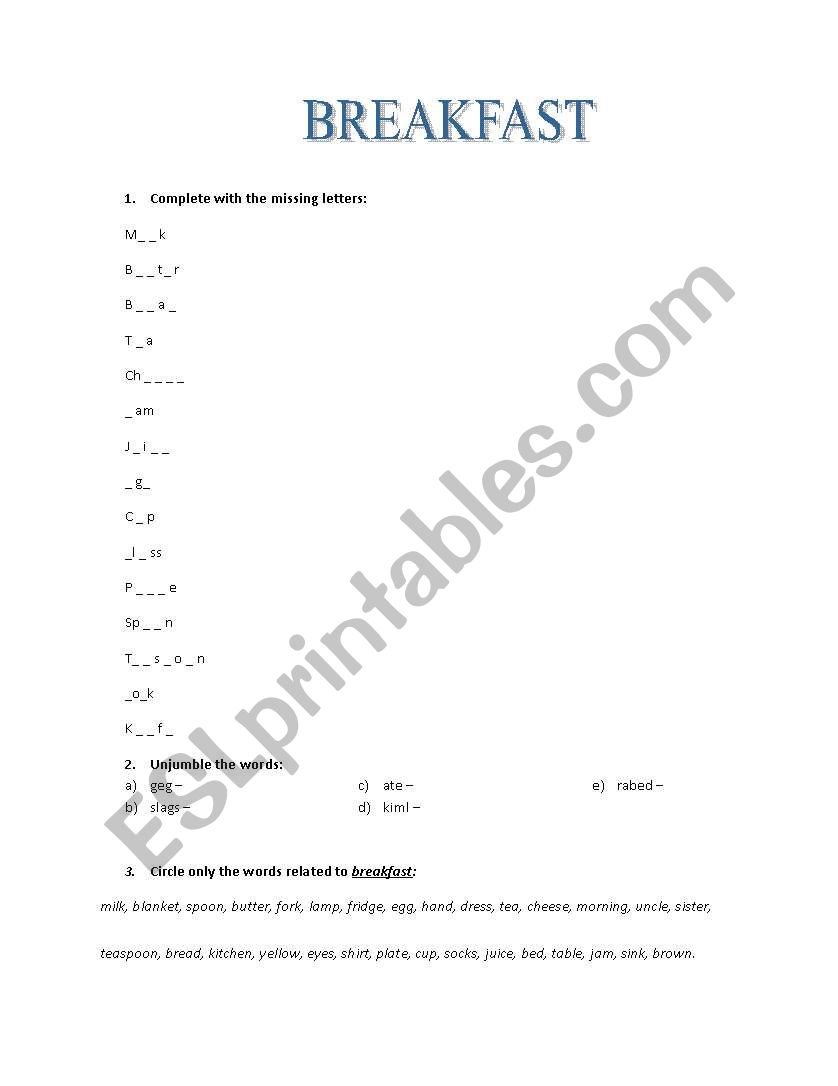 Breakfast worksheet