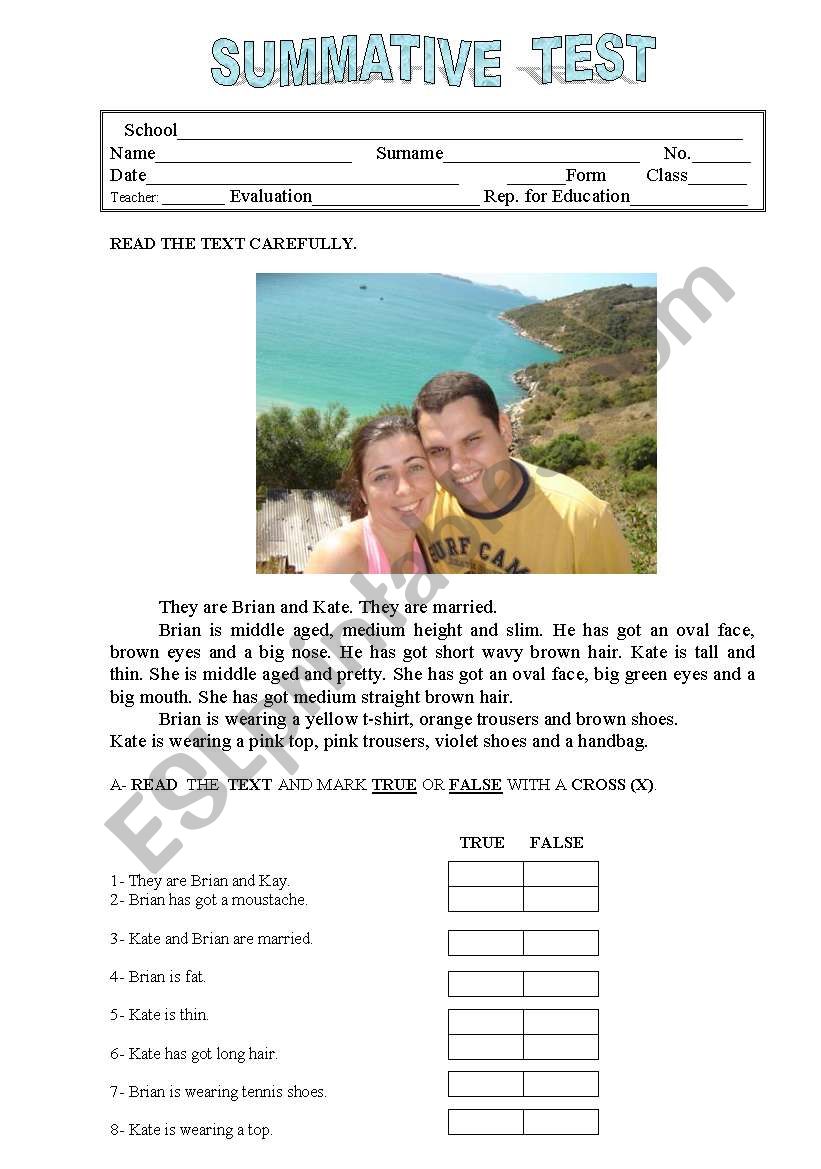 Test about describing people worksheet