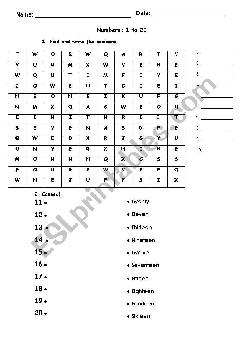 Numbers 1 to 20 worksheet