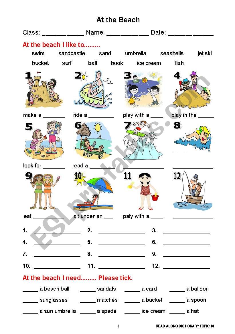 At the Beach worksheet