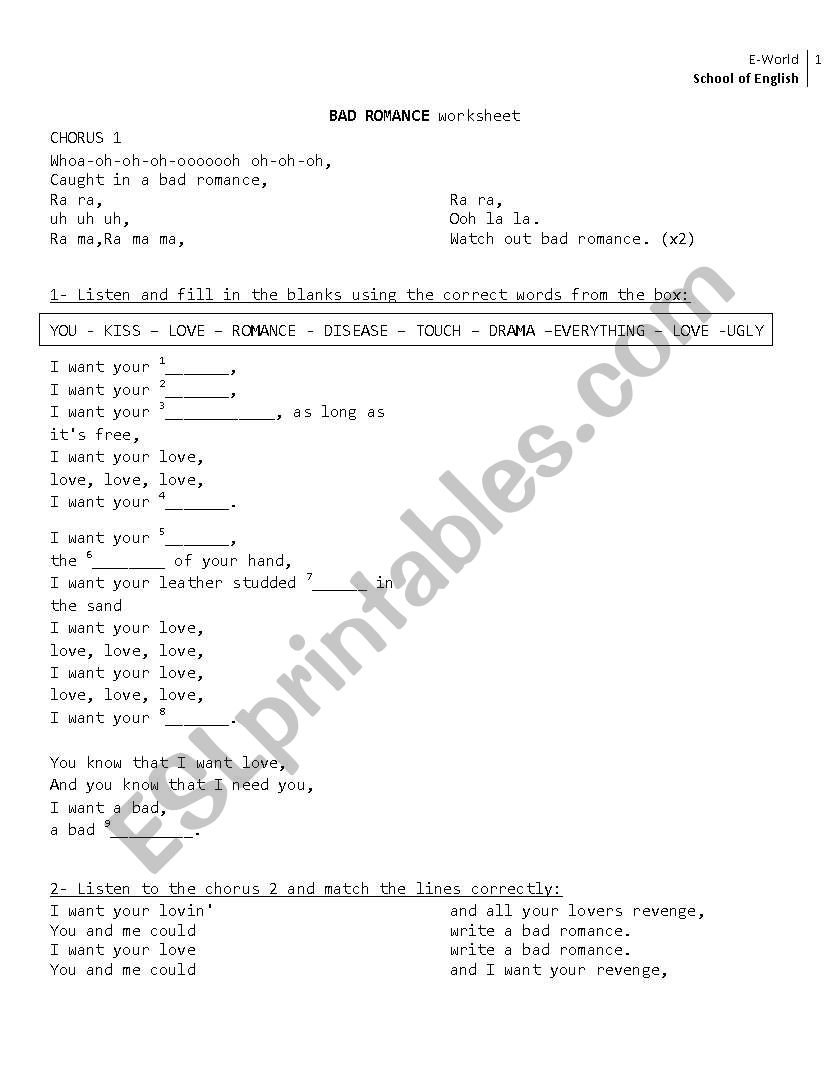 BAD ROMANCE worksheet