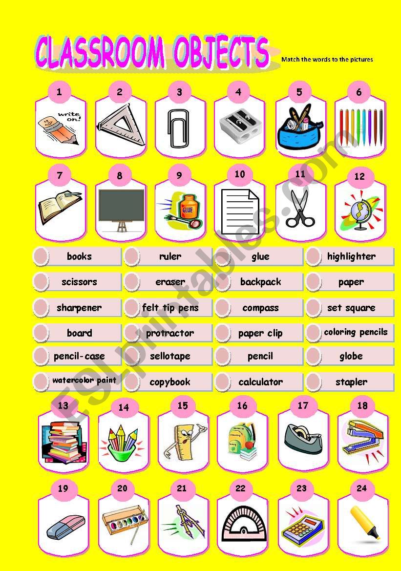 Classroom objects worksheet