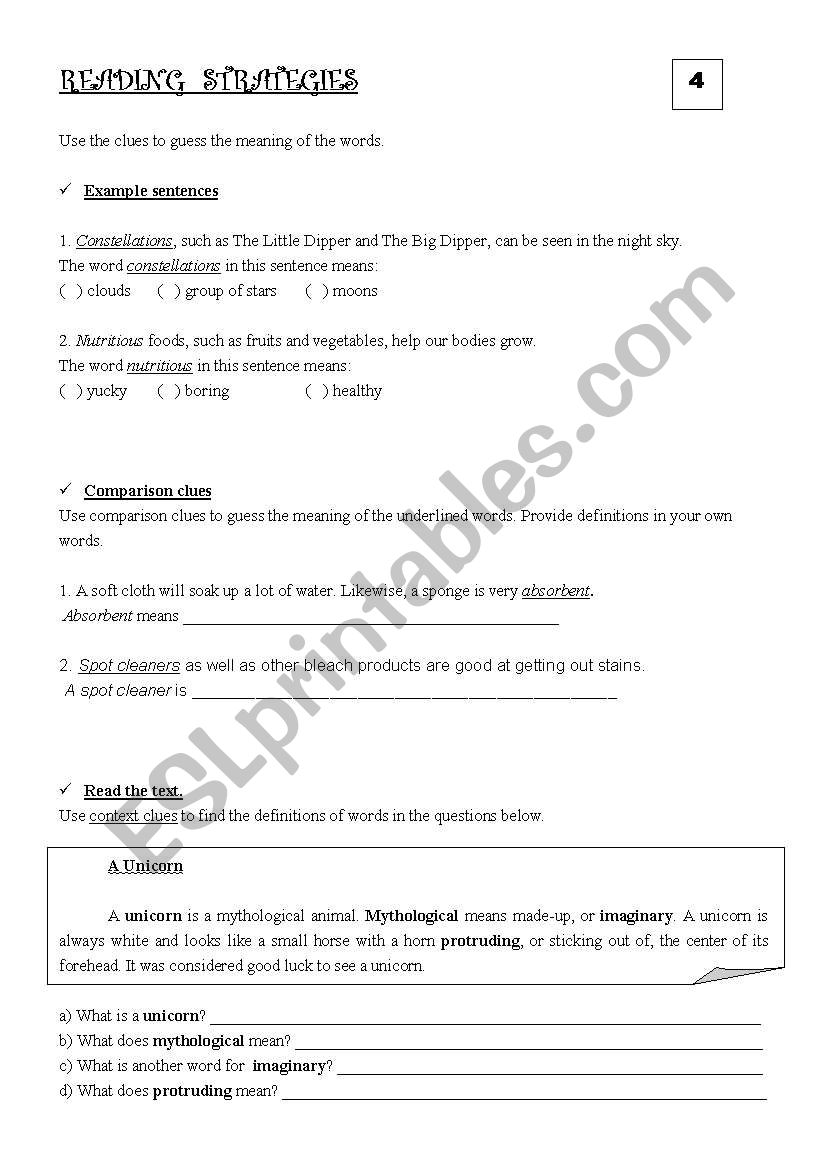 Reading strategies worksheet