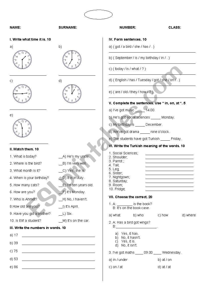 exam for grade 4 worksheet