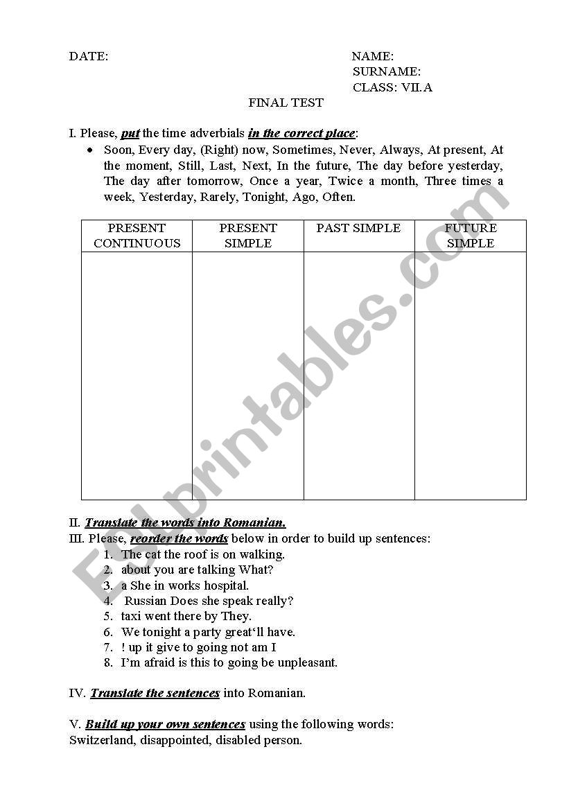 test worksheet