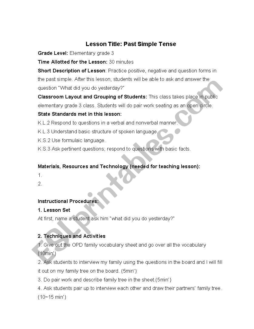 Past simple tense lesson plan worksheet